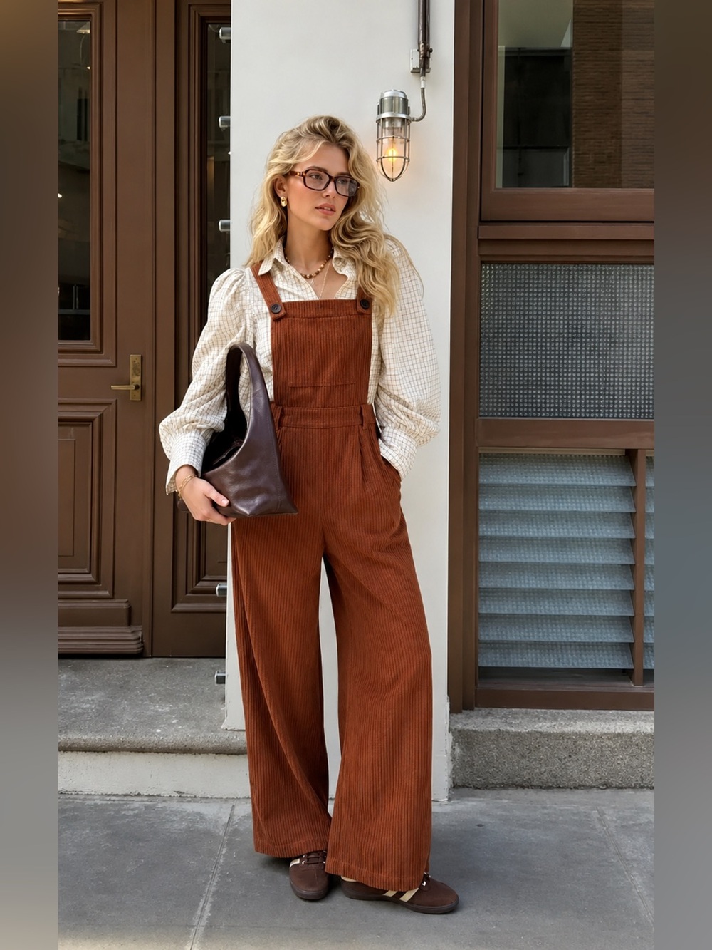 Cider Corduroy Wide-Leg Overalls in Rust Brown